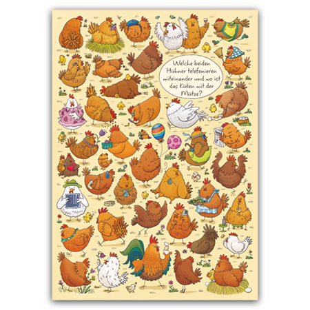 Welche beiden Hühner telefonieren miteinander und wo ist das Küken mit der Mütze? | Welche beiden Hühner telefonieren? (Strukturkarton mit Lack-Effekten)
