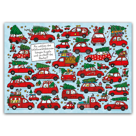 An welchen drei Weihnachtsbäumen hängen Kugeln und wo steckt das Rentier? | An welchen drei Weihnachtsbäumen hängen Kugeln? (Strukturkarton mit Lack-Effekten)